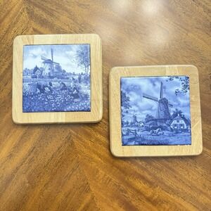 Ter Steege Set Of 2 Holland Wall Framed Ceramic Tiles Windmills in Delft Blue